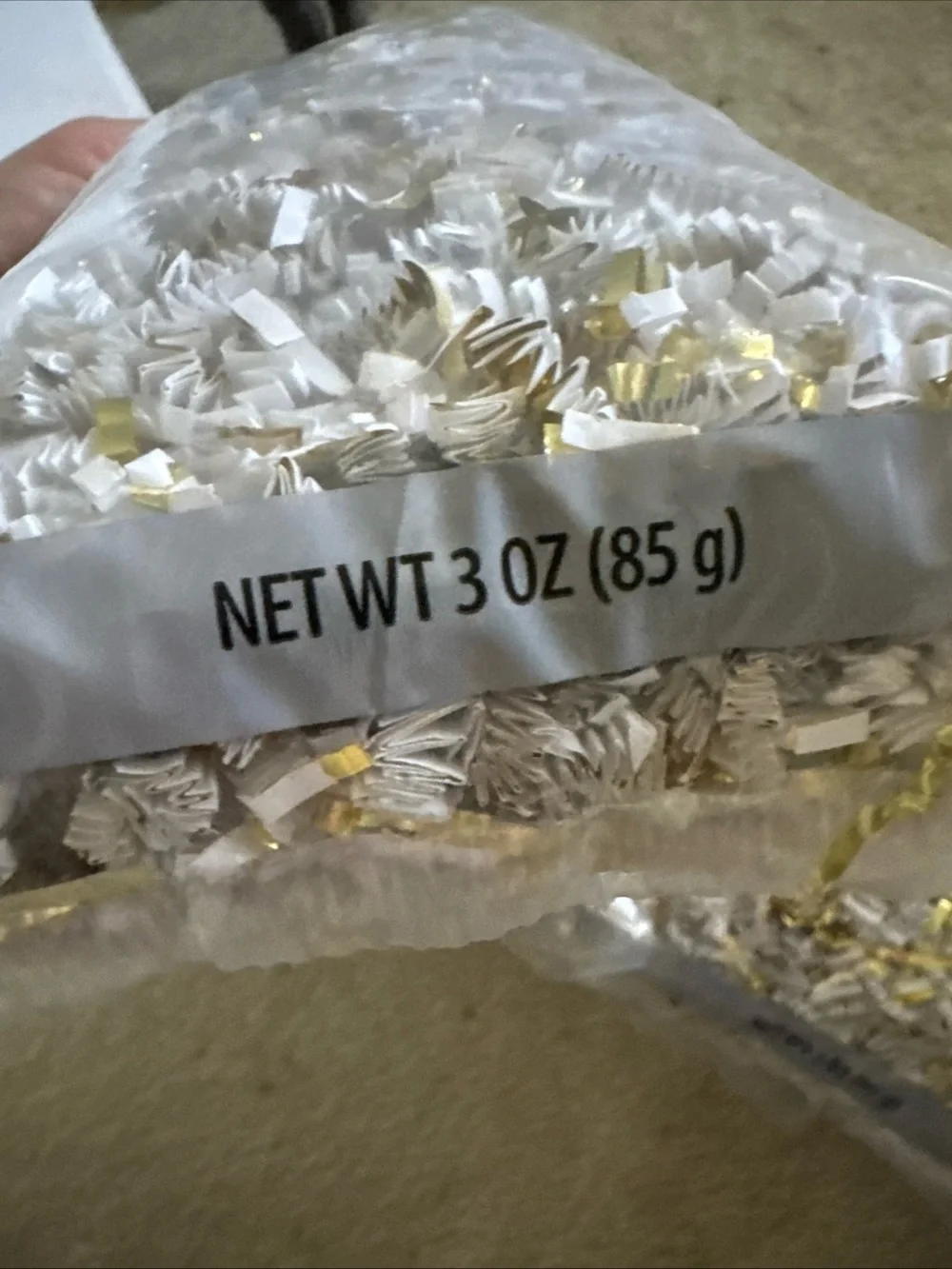 8 bags of White and Gold Paper Shred Filler - 3 oz each